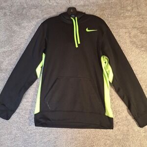 Nike Therma-FIT Hoodie Mens Small Black Neon Green Pullover Fleece Lined Sporty